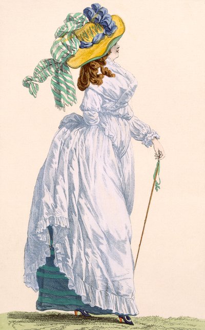 Robe de promenade bleu ciel avec jupon vert, gravée par Le Beau, planche no.252 de 